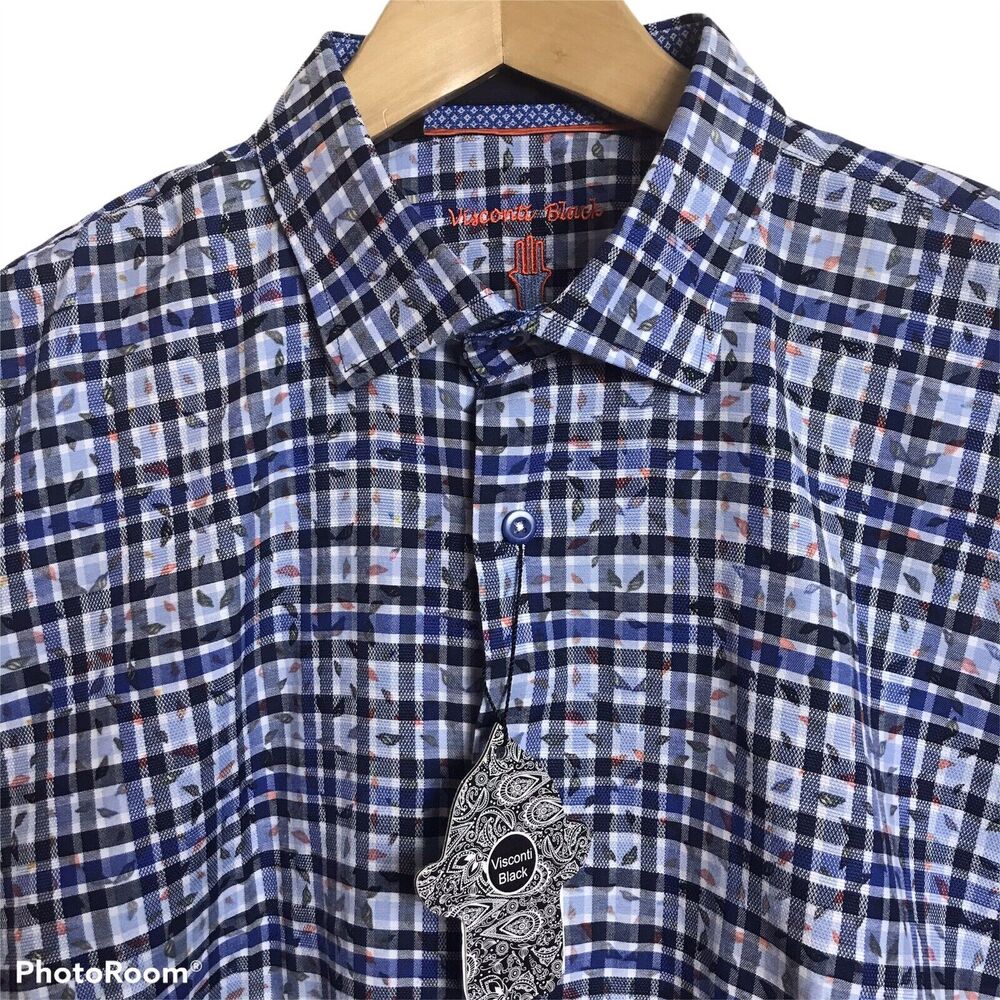VISCONTI BLACK Mens Modern Plaid Long Sleeve Shirt Blue Sz XL NEW $125